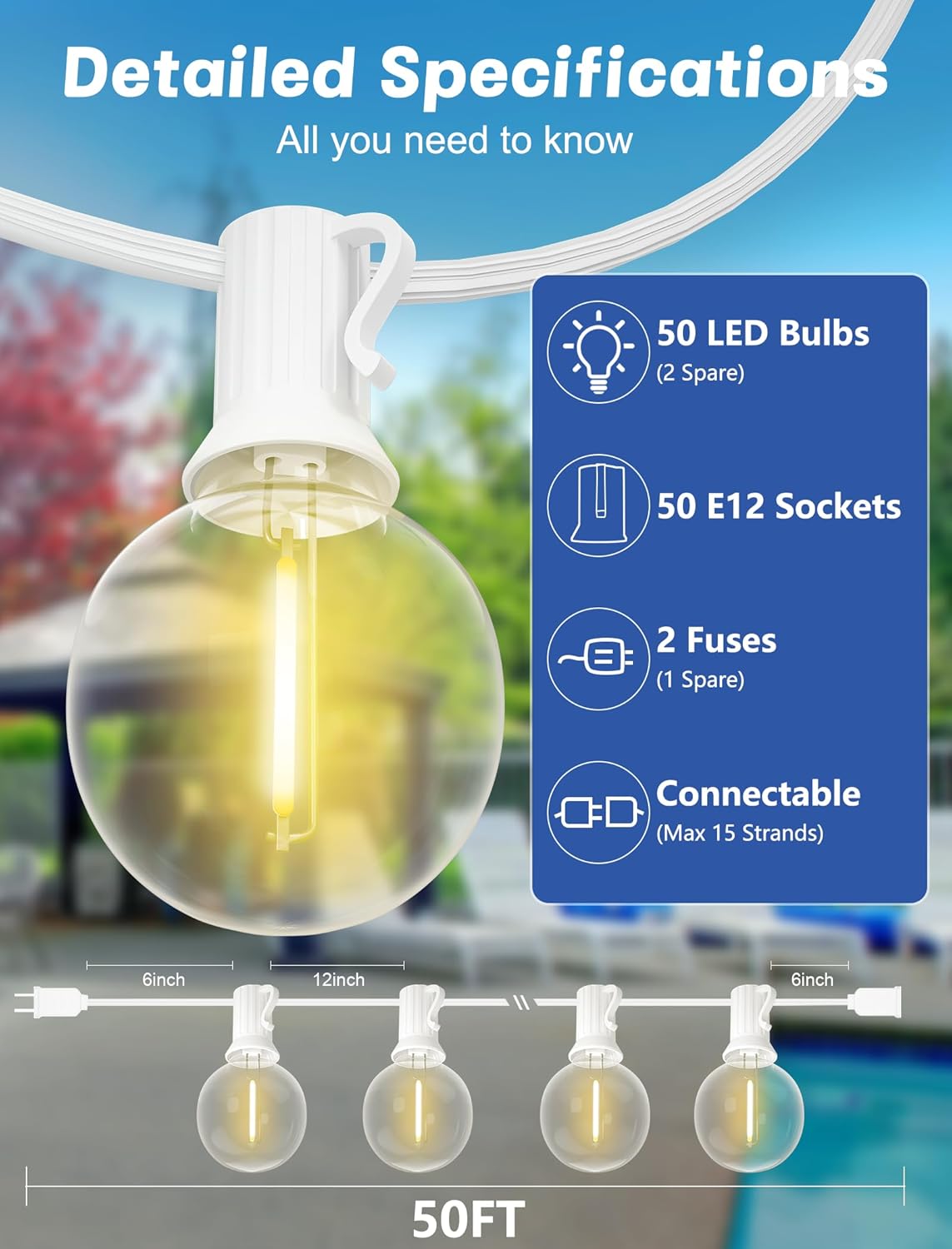 SUNSGNE White String Lights Outdoor, 50FT White Outdoor Lights with 52 G40 Shatterproof LED Bulbs(2