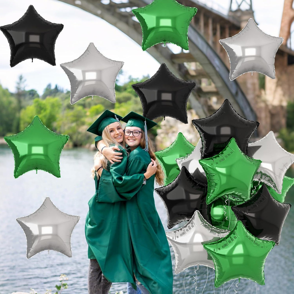 Green Black Star Balloons, 18Inch Balck Olive and Silver Stars Shape Foil Balloons Helium, 12Pcs