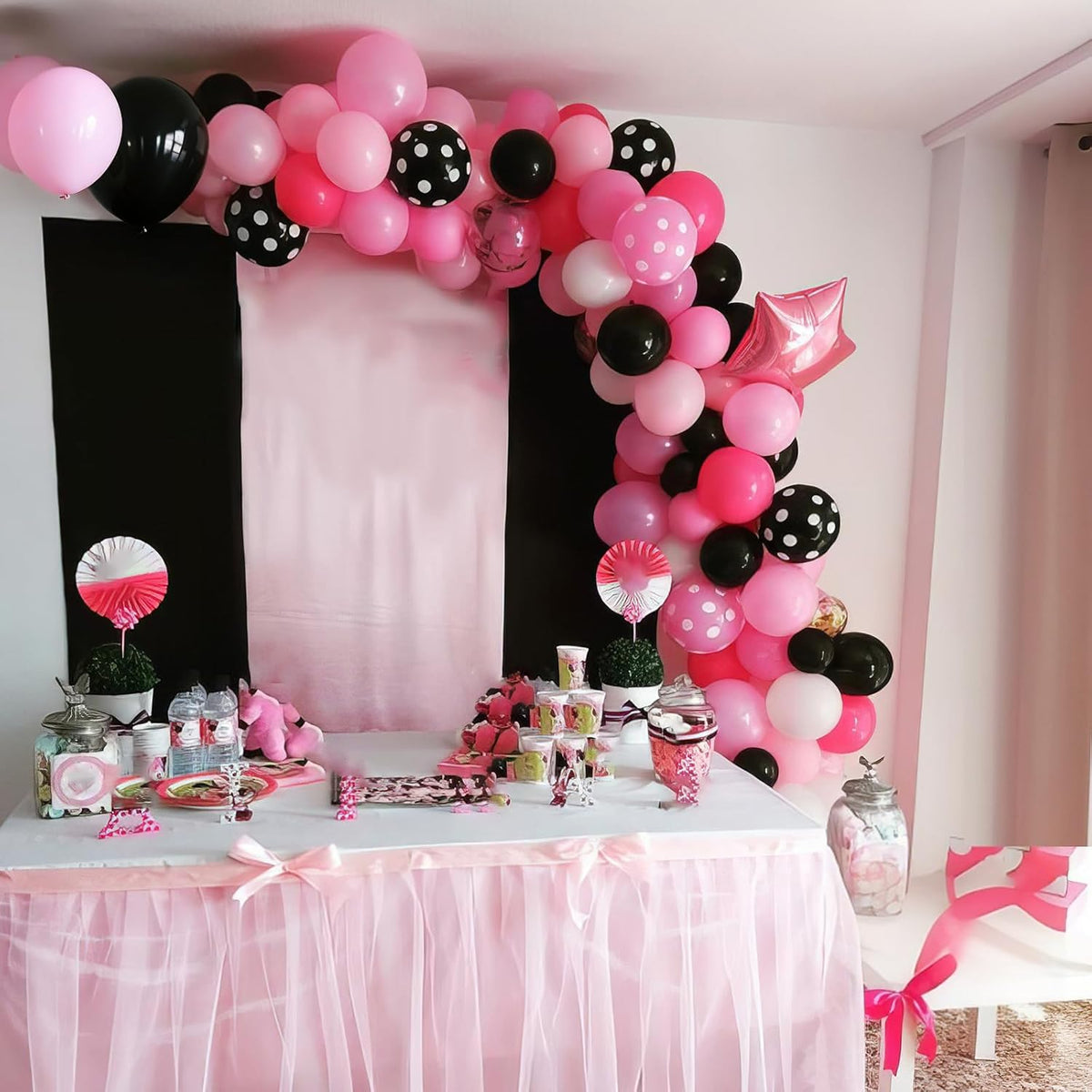 Pink and Black Balloons, Hot Pink Balloons White Dots Black White Dots Balloon with Confetti