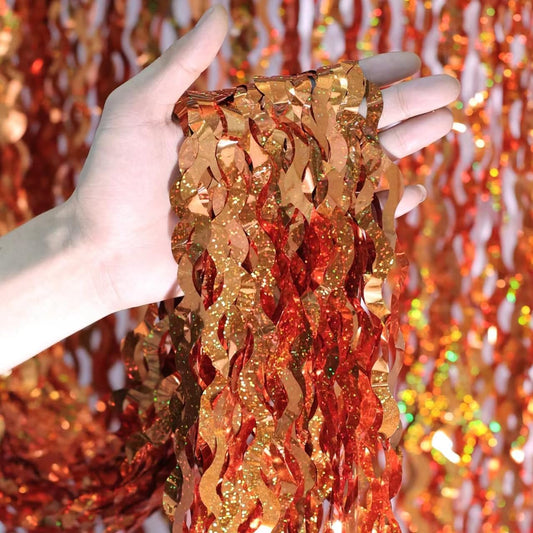 4 Pack 3.3x6.6ft Wavy Orange Foil Fringe Backdrop Curtains -Tinsel Streamers Metallic Foil Fringe