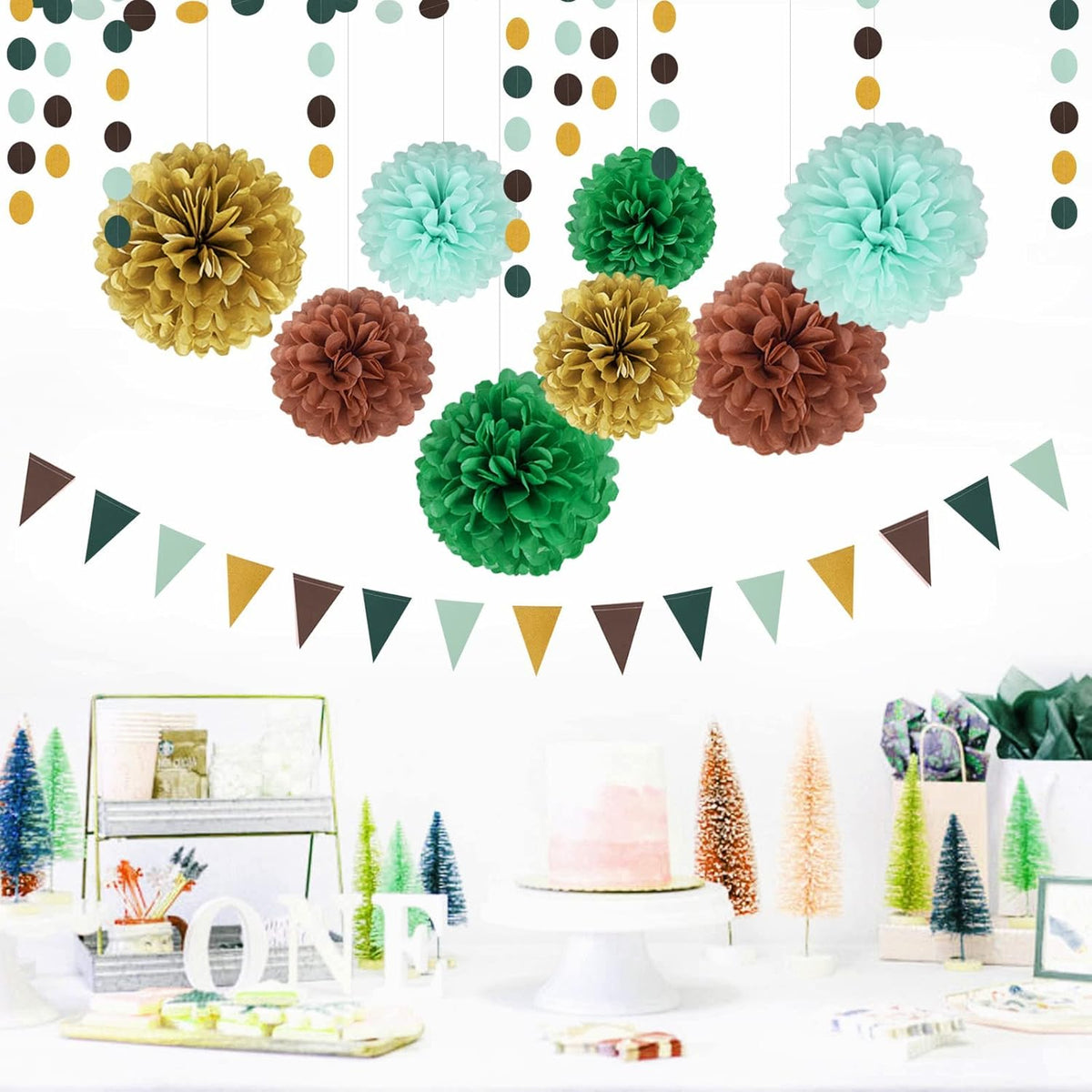 Sage Green Gold Party Decorations - 30pcs Hanging Decoration Birthday Party Tissue Paper Flowers
