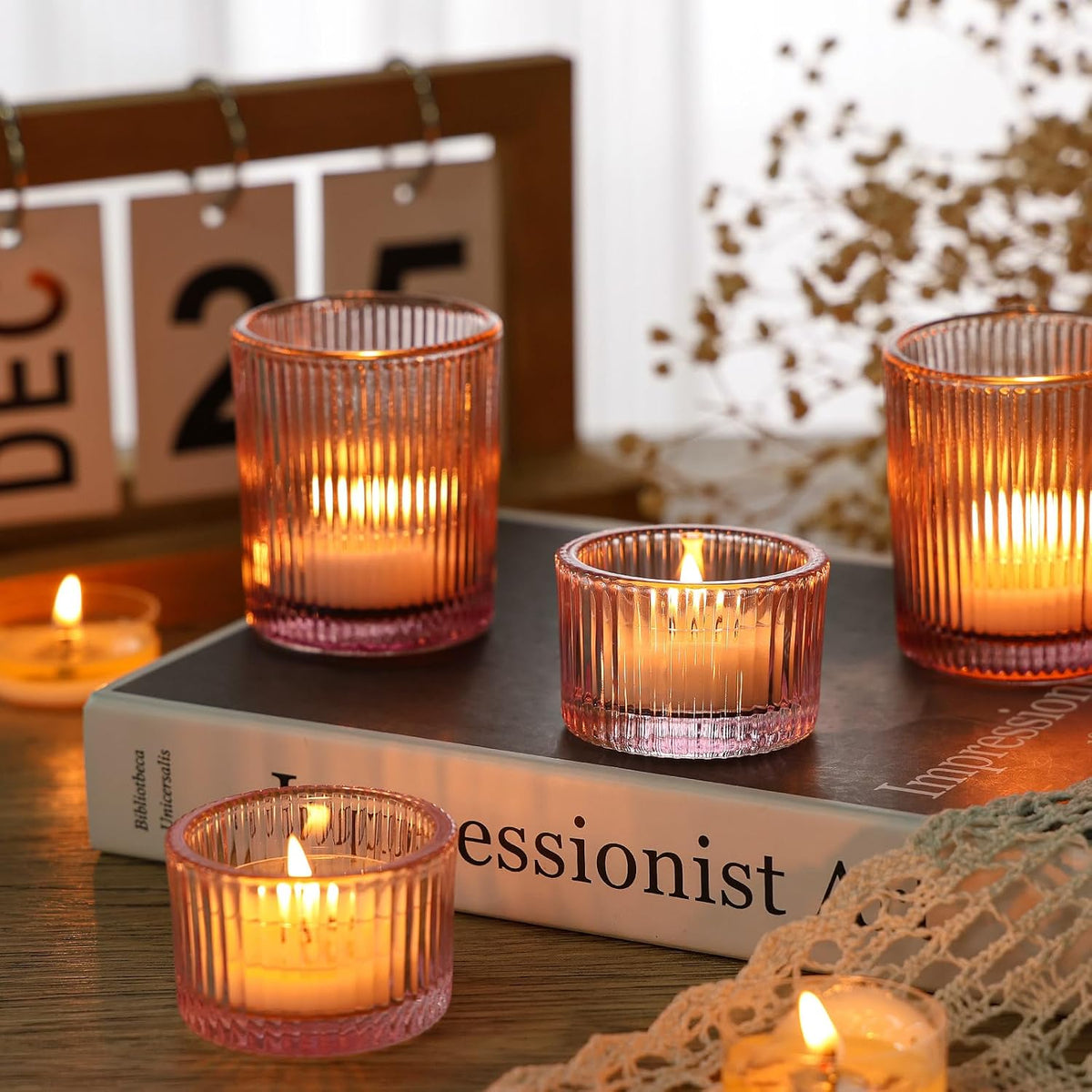 24 Pcs Glass Votive Candle Holders – Assorted Ribbed Pink Tea Light Holders Bulk for Weddings, Baby