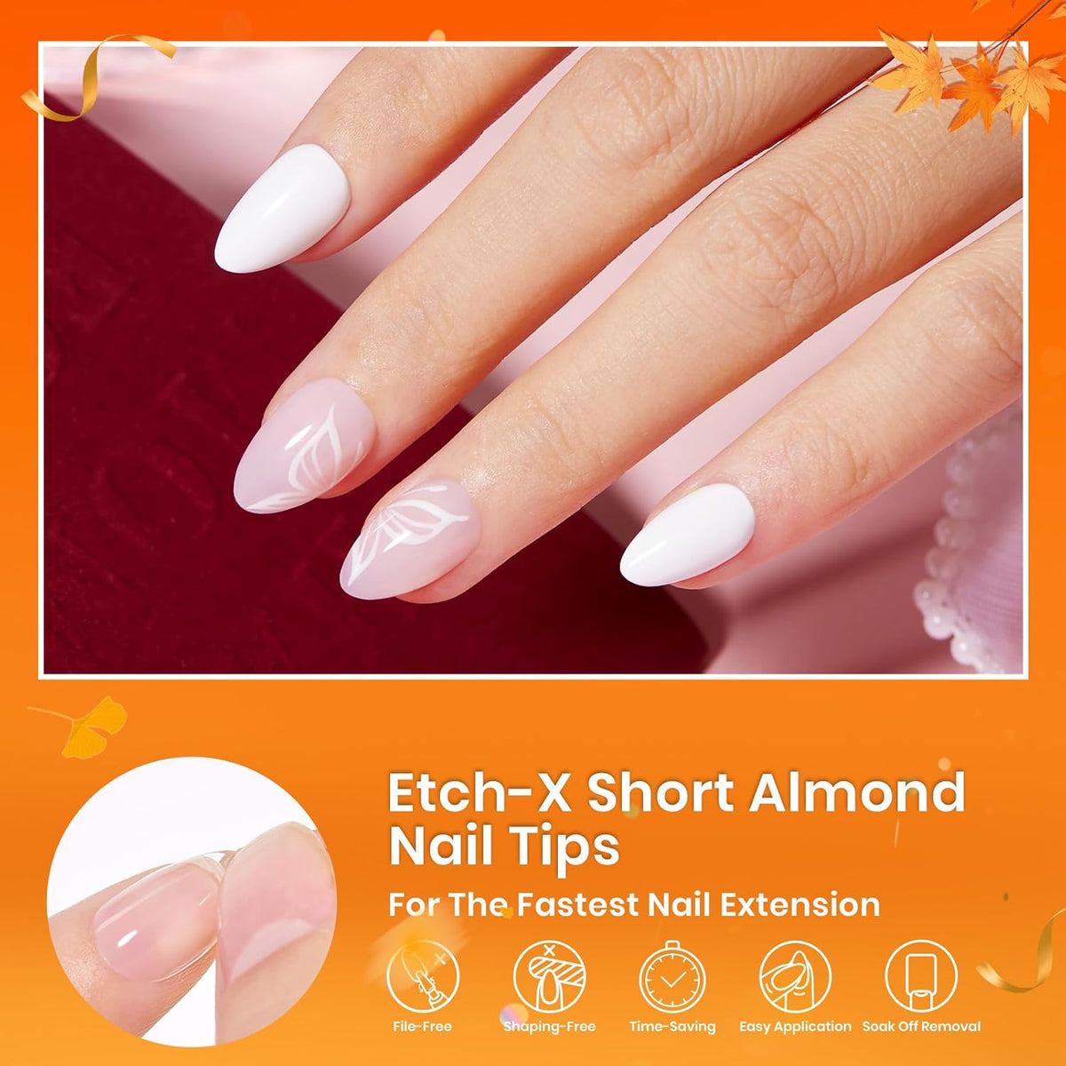 Beetles Extra Short Almond Nail Tips, 12 Sizes 288 PCS Pre-Shaped Clear Full Cover Etch Gel Nail
