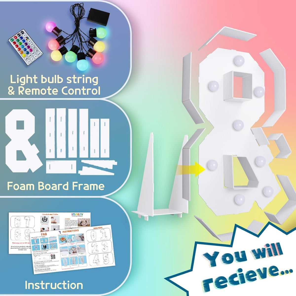 imprsv 3FT Colorful Marquee Light Up Letters &, 18 Colors Large Light up Letters Alphabet Sign with