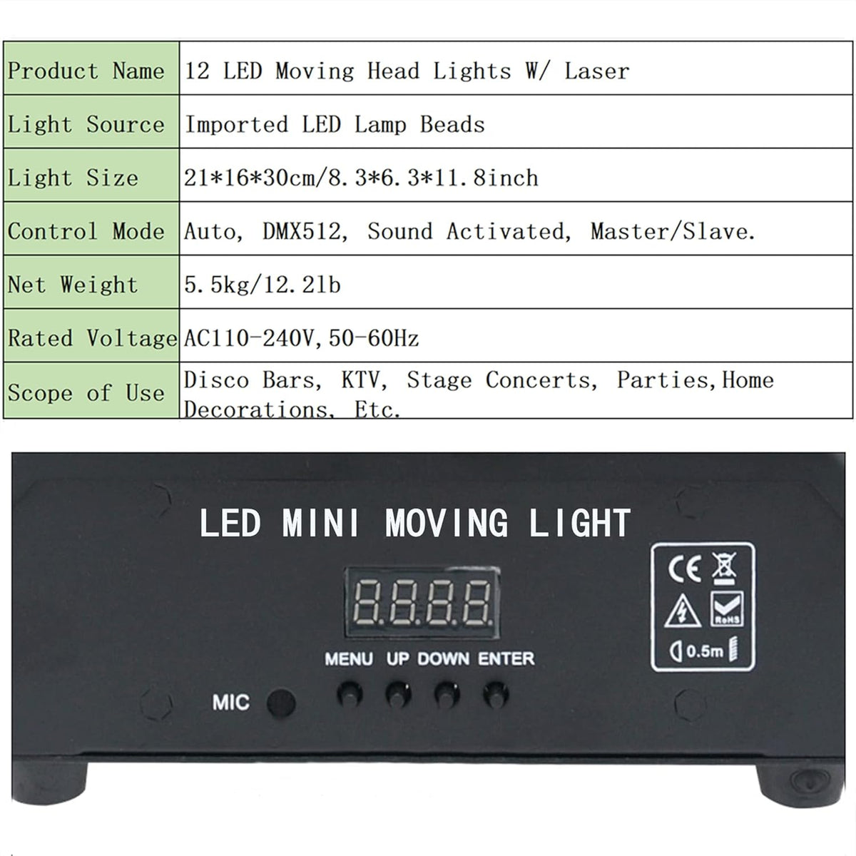 Moving Head DJ Light with Rotating Beam - Stage Light, Sound Activated, DMX512, Perfect for DJ