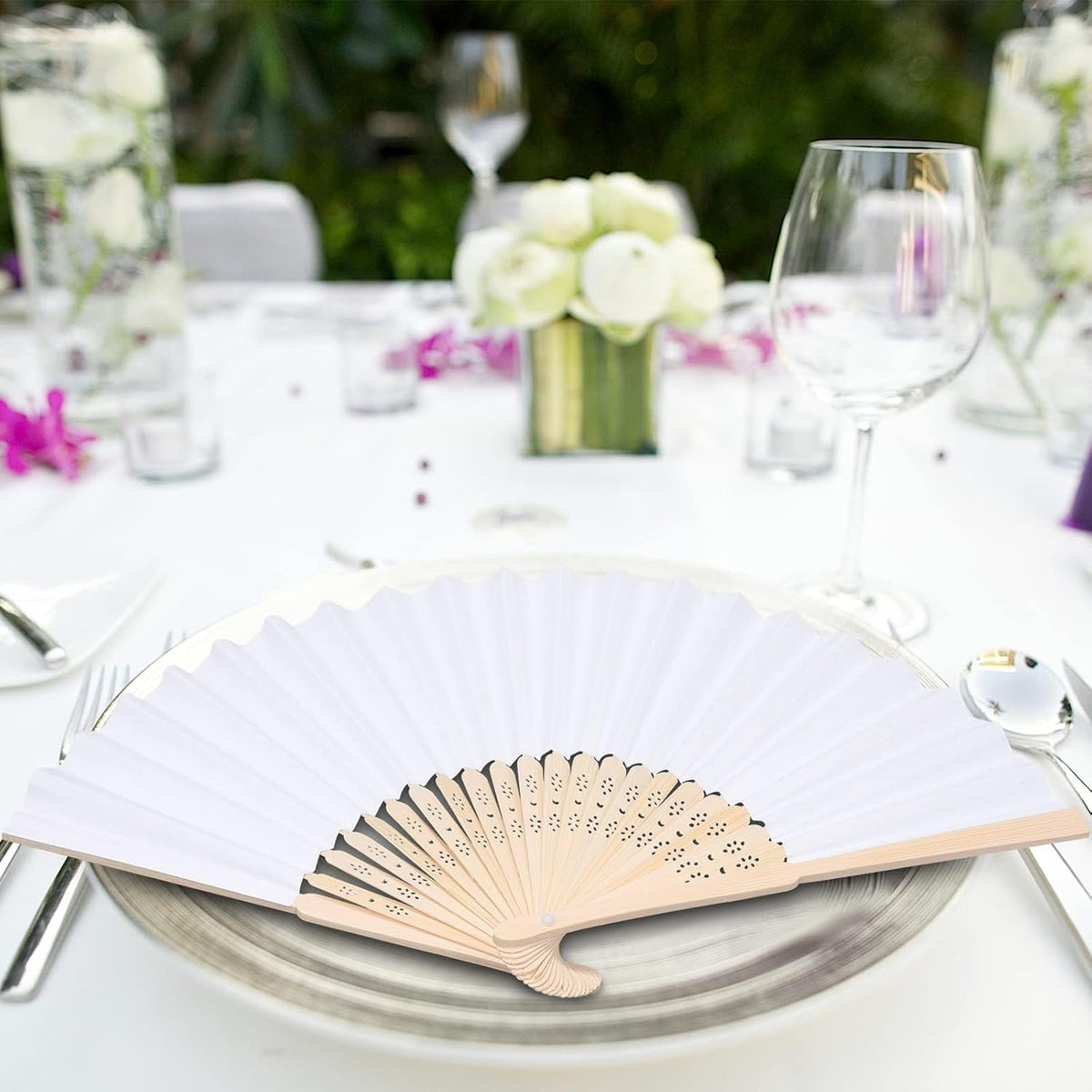 MCEAST 60 Pieces Wedding Handheld Paper Fans White Bamboo Folding Paper Fans with 60 Organza Bags