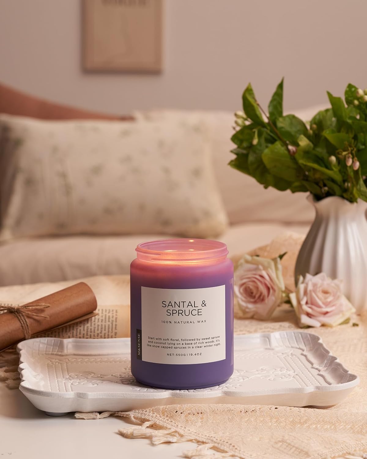 M&SENSE Santal Spruce Coconut Soy Candles for Home Scented, 19.4oz 110 Hour Slow Burning Large