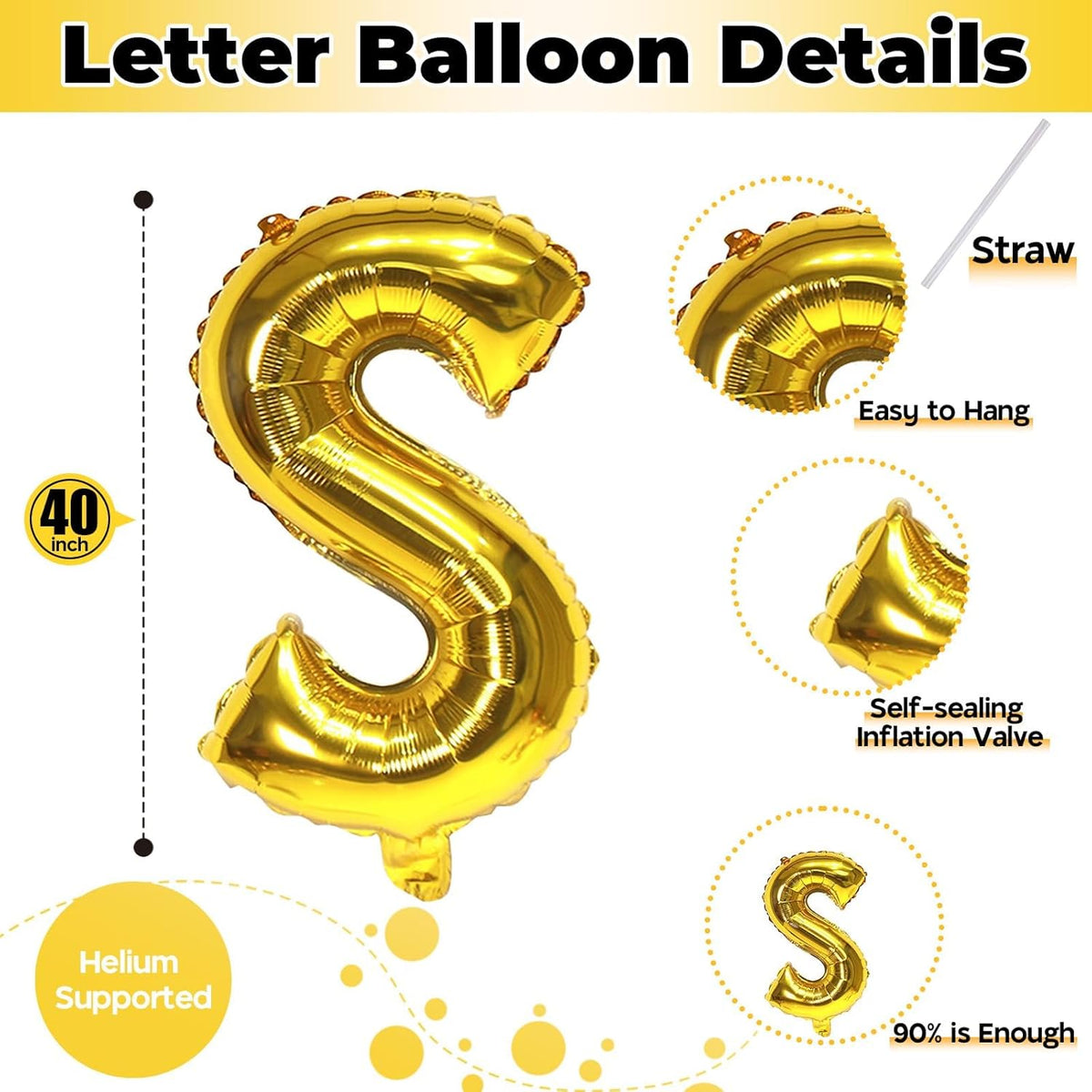 Giant S Alphabet Name Balloon, Gold Self Inflating Custom Letter Balloons Birthday Decor, 40 Inch