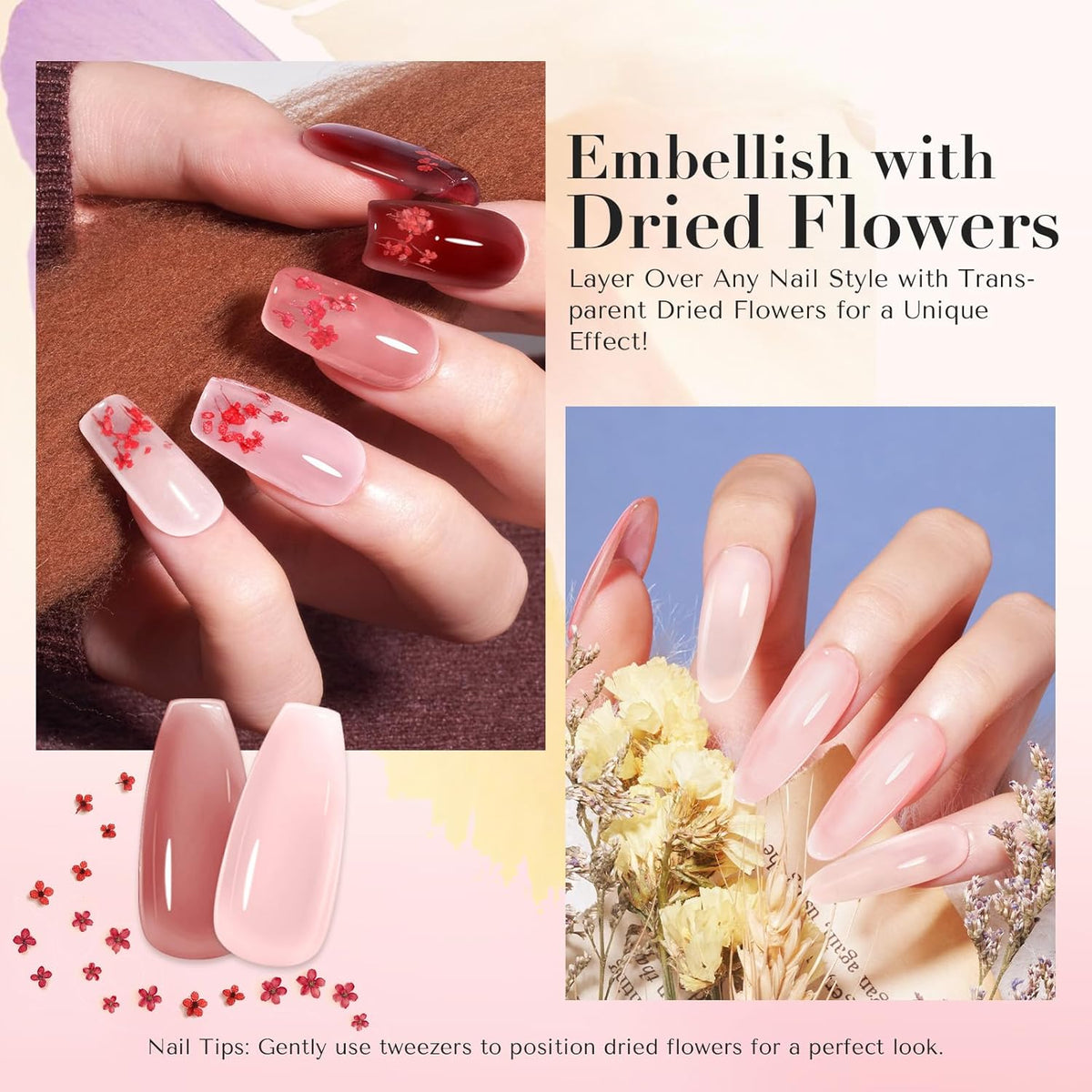 AZUREBEAUTY Dip Powder Nail Kit, 4 Colors Jelly Transparent with Dried Flower Set, Nude Brown