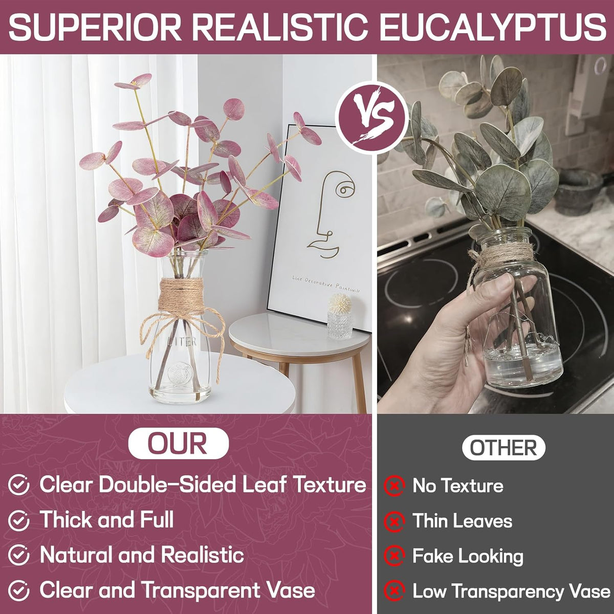 Artificial Eucalyptus Stems in Glass Vase with Faux Water, 15" Small Bathroom Greenery with