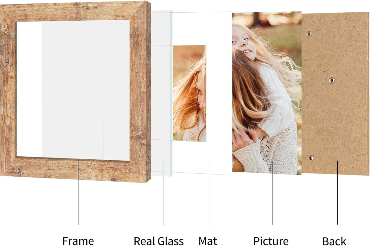 8x8 Picture Frame Set of 4 with HD Glass, Display 6x6 Pictures with Mat or 8 x 8 Without Mat