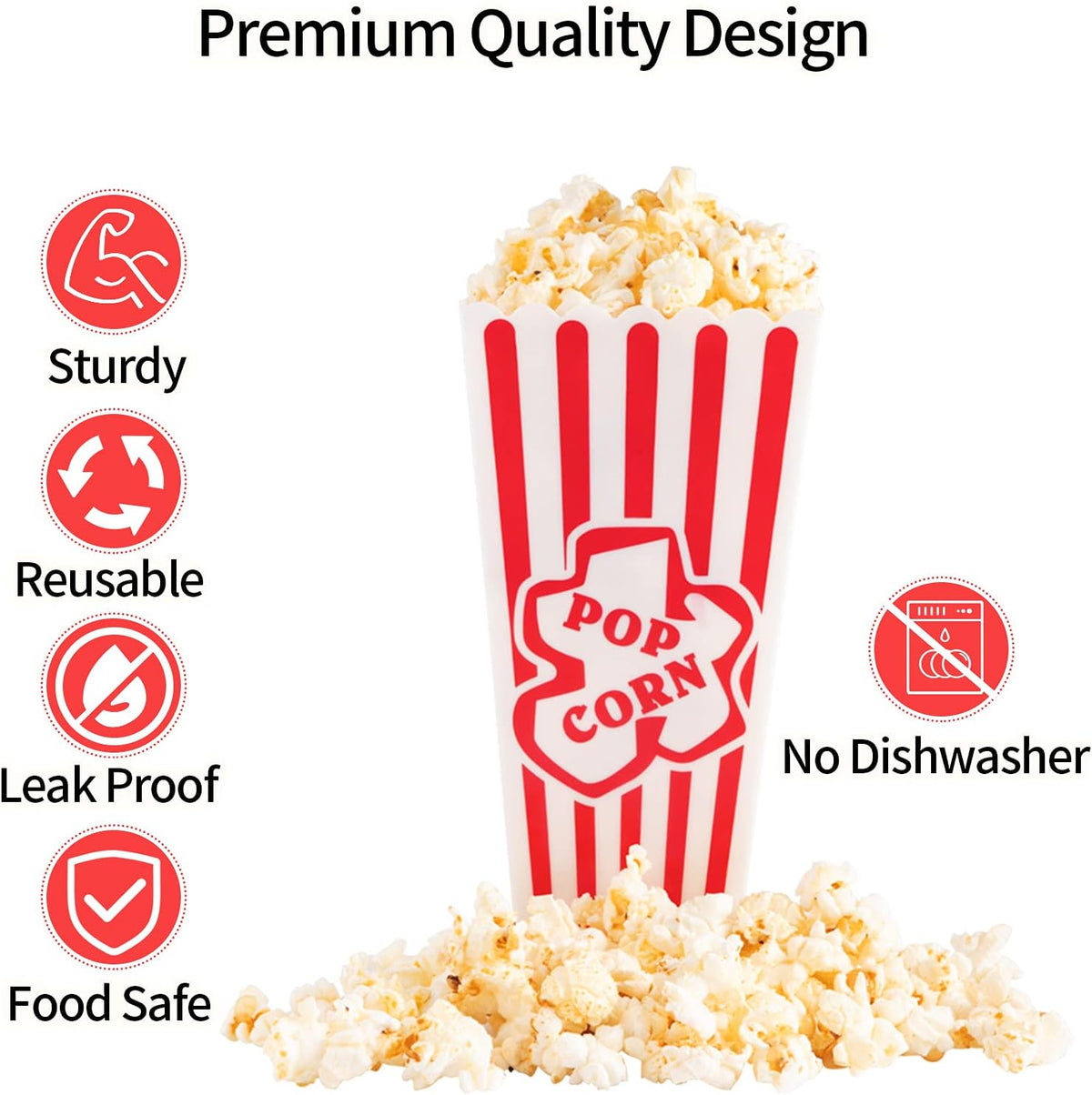 Plastic Popcorn Containers Red & White Striped Retro Style Reusable Popcorn Boxes for Movie Night