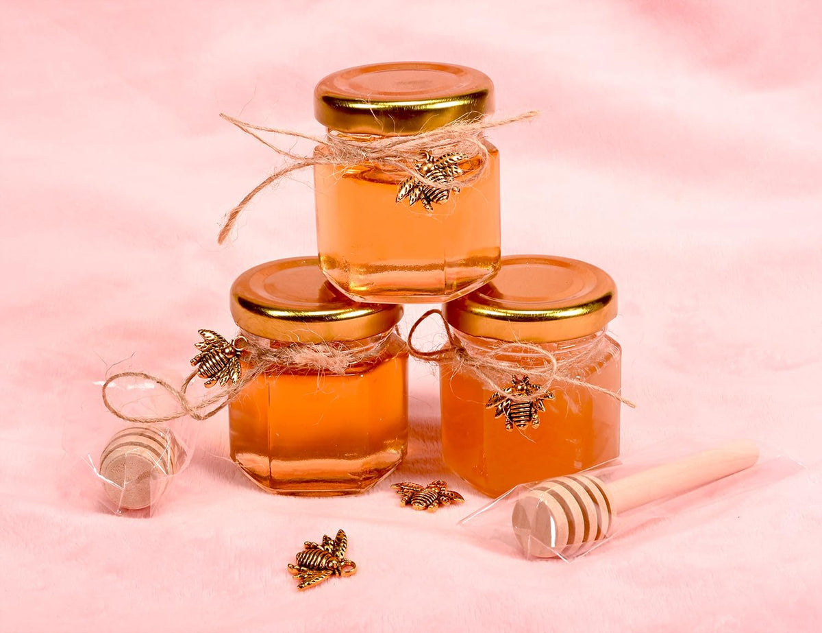 Mini Honey Jars - Hexagon Little Glass Honey Jar with Gold Lids, Wooden Dippers, Bee Charms and