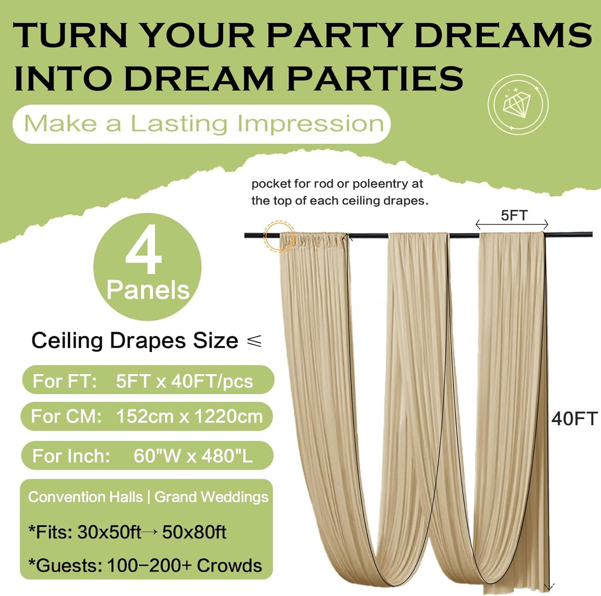 PartyVillage 20ftx40ft Beige Ceiling Curtain for Wedding Parties – 4 Panels Wrinkle-Free 40 FT Long