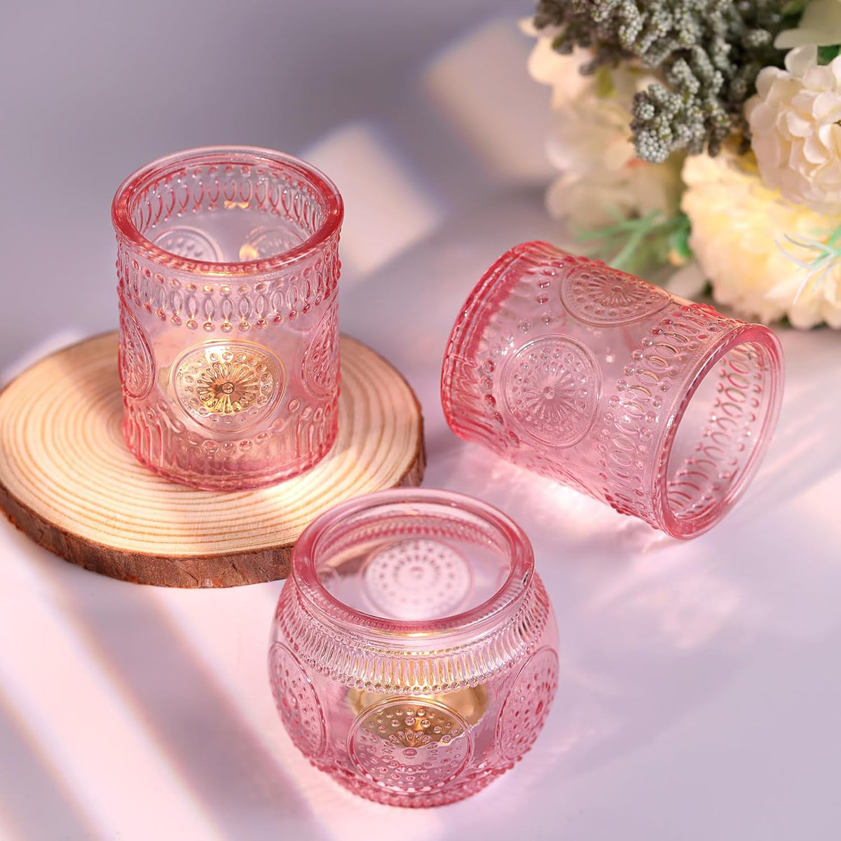 DARJEN 24Pcs Pink Votive Candle Holders- Glass Candle Holders Bulk for Flameless LED Tea Waxes