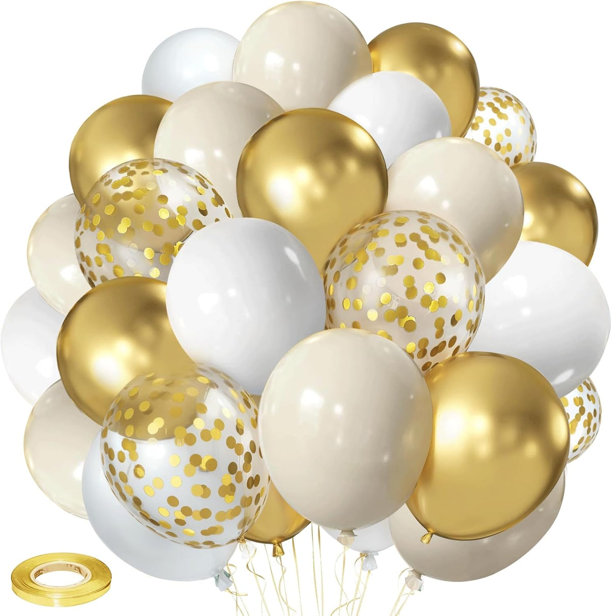 White and Gold Confetti Balloons, 50pcs 12 Inch Metallic Champagne Gold Latex Balloons Matte Sand