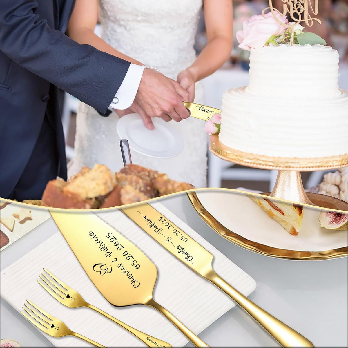 Custom Wedding Cake Knife and Server Set Personalized Cake Cutter with Engraved Text Bridal Cake