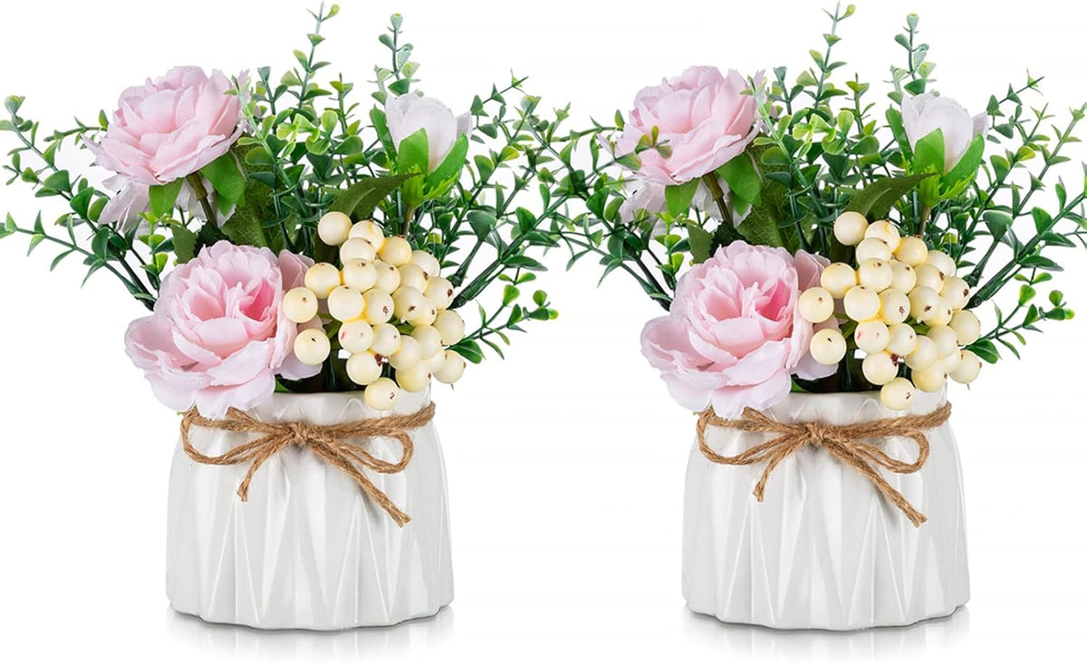 BLOSMON Table Decor Artificial Flowers Vase 7 Inch Small Fake Pink Flower Arrangement 2pcs for
