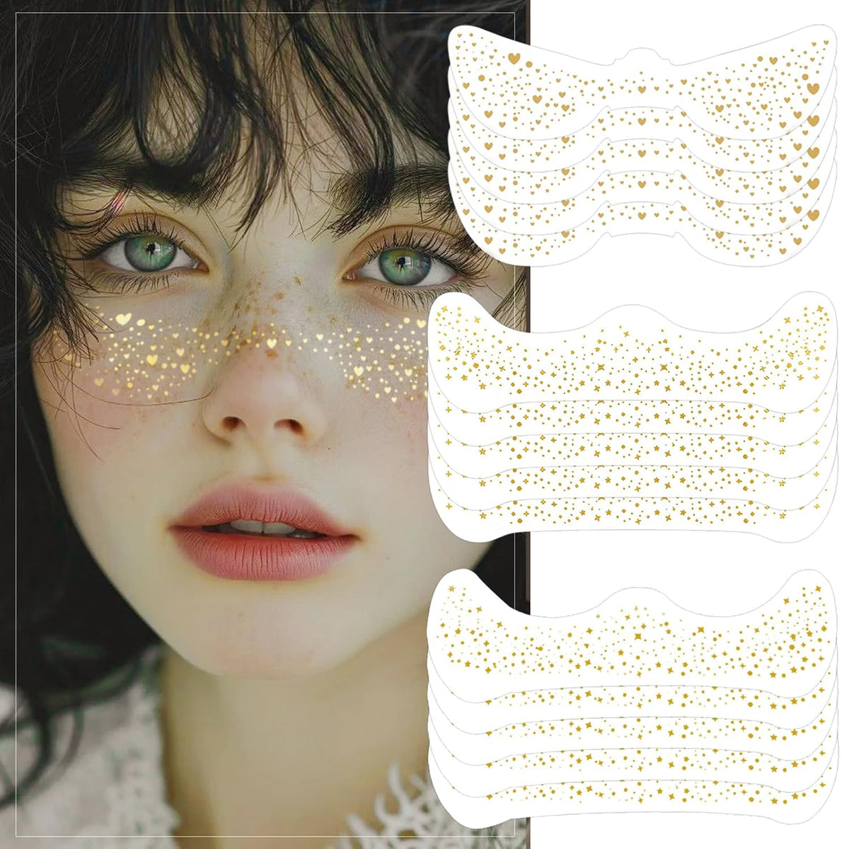 Gold Glitter Freckles Face Tattoo, 15 Pcs Waterproof Gold Sparkle Freckle Temporary Tattoo