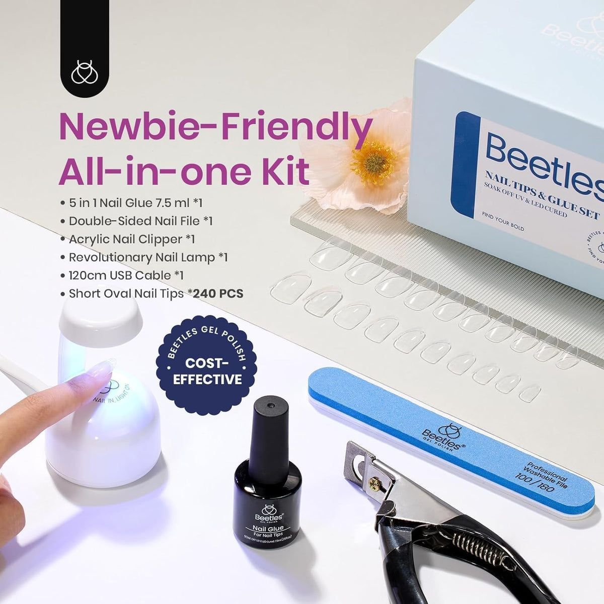 Beetles Nail Tips 240 Pcs Short Oval Nail Kit 5 In 1 Nail Glue Base Gel Uv Led Lamp Press on Nails