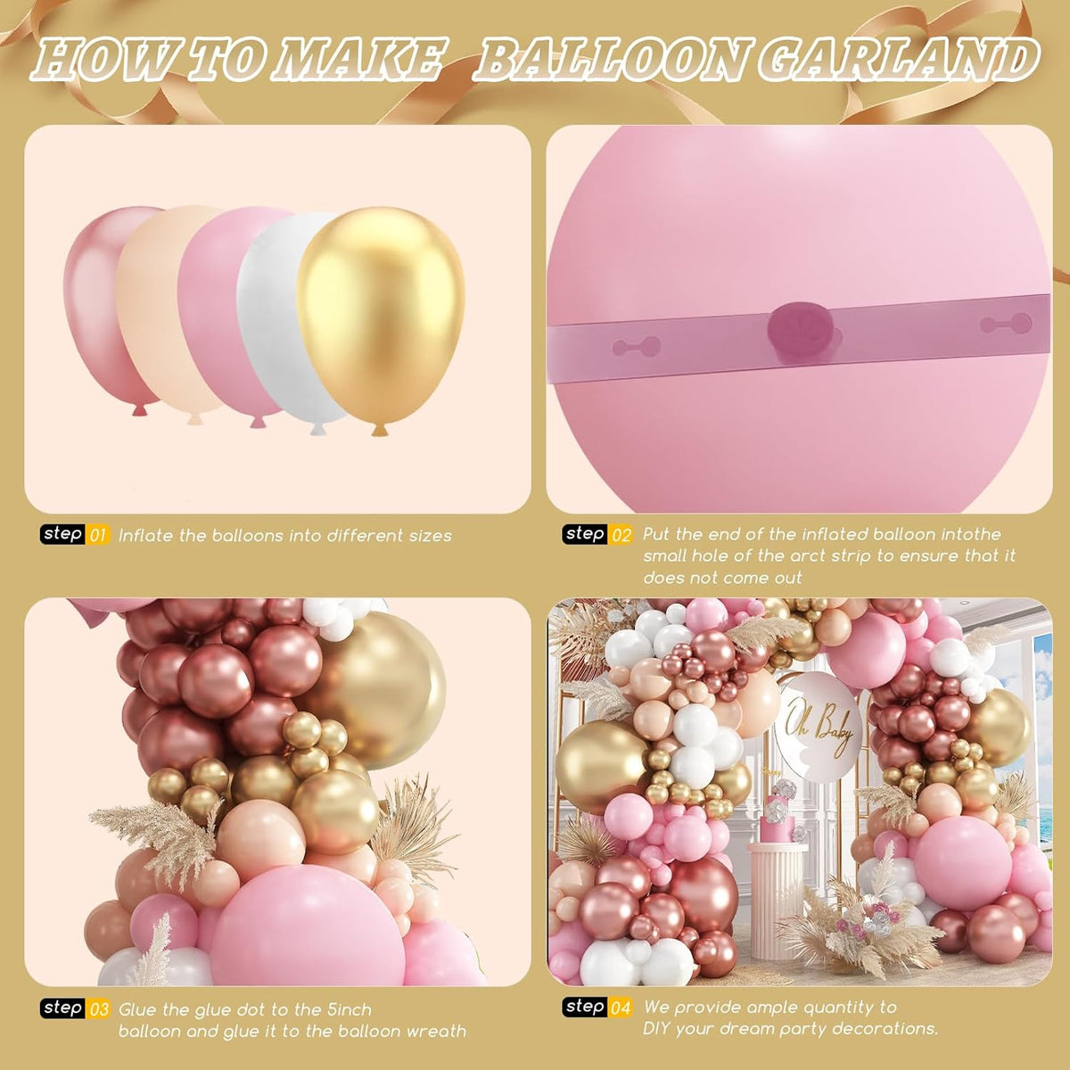 412Pcs Rose Gold Balloon Garland Arch Kit,18 12 10 5 Inch Nude Pastel Pink Metallic Gold White