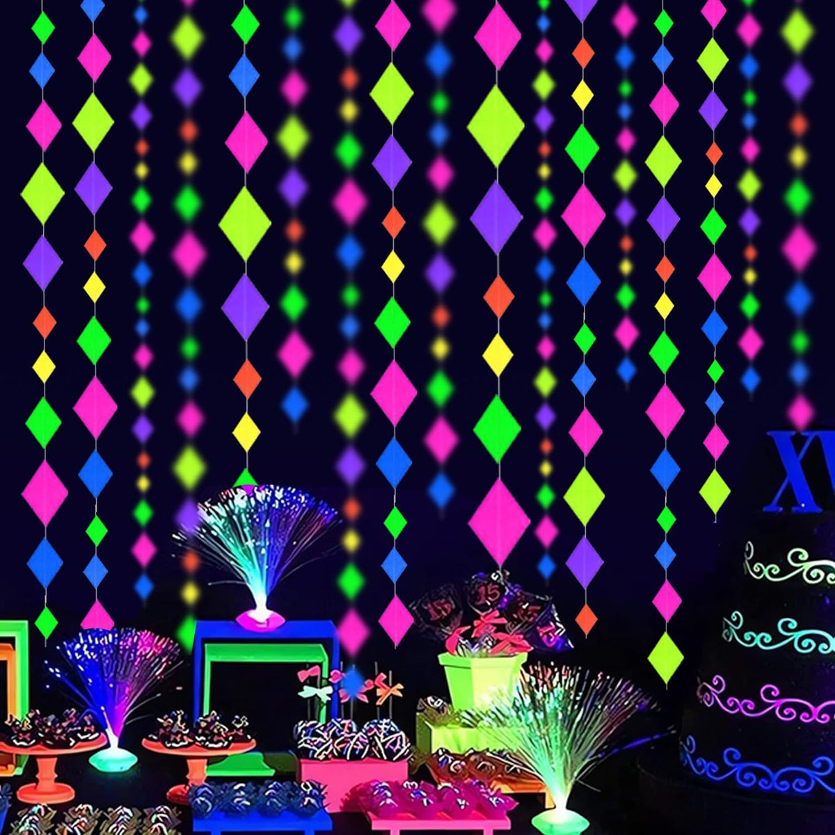 123feet UV Paper Neon Streamers & Garlands - Diamond Shape Black Light Decorations, Glow Party