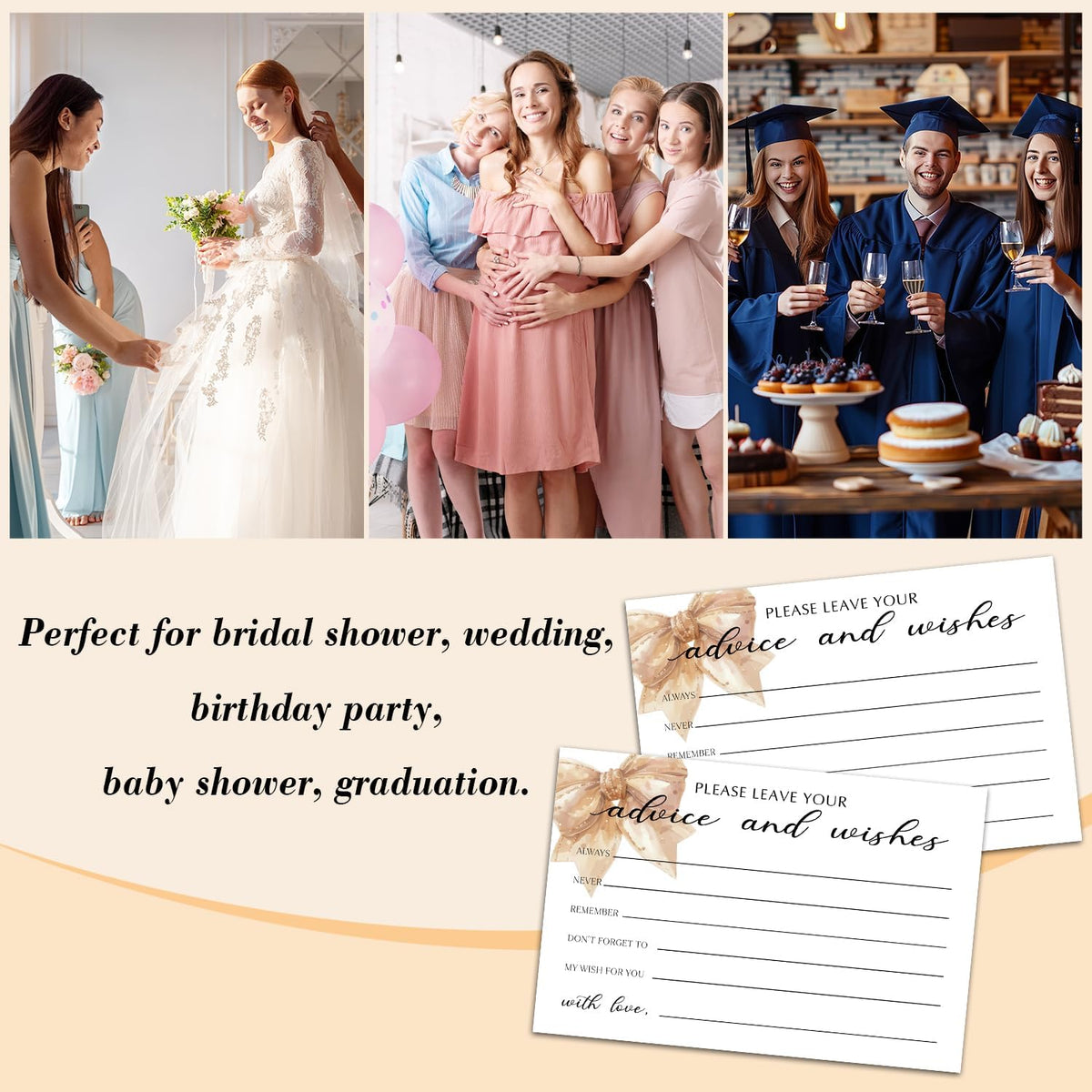 25 Advice and Wishes Cards, Bow Fill-In Advice Cards for Bridal Shower Wedding Birthday Party Baby
