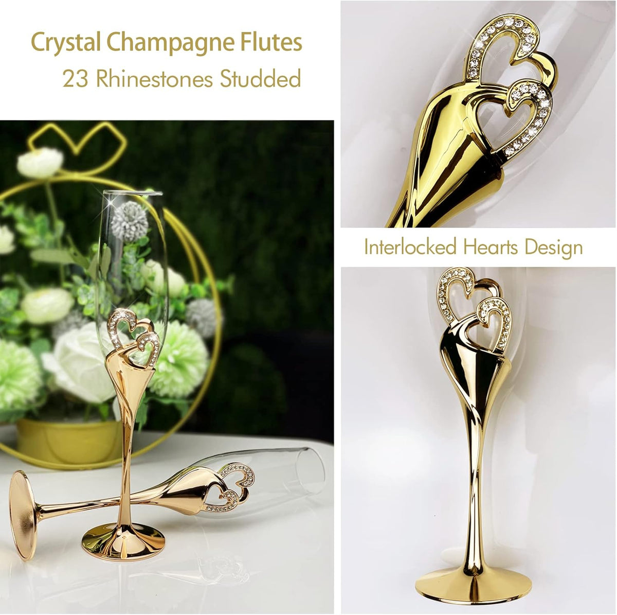 Wedding Cake Knife and Server Set, Gold Wedding Champagne Fluteswith Twin Heart Base and Rhinestone