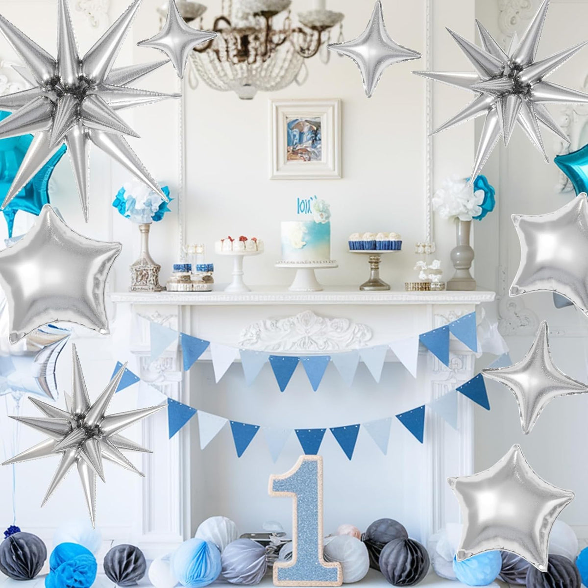 16 Pcs Silver Star Balloons, 22/18/10 Inch Foil Balloons, Four-Pointed Large Balloon for Kids
