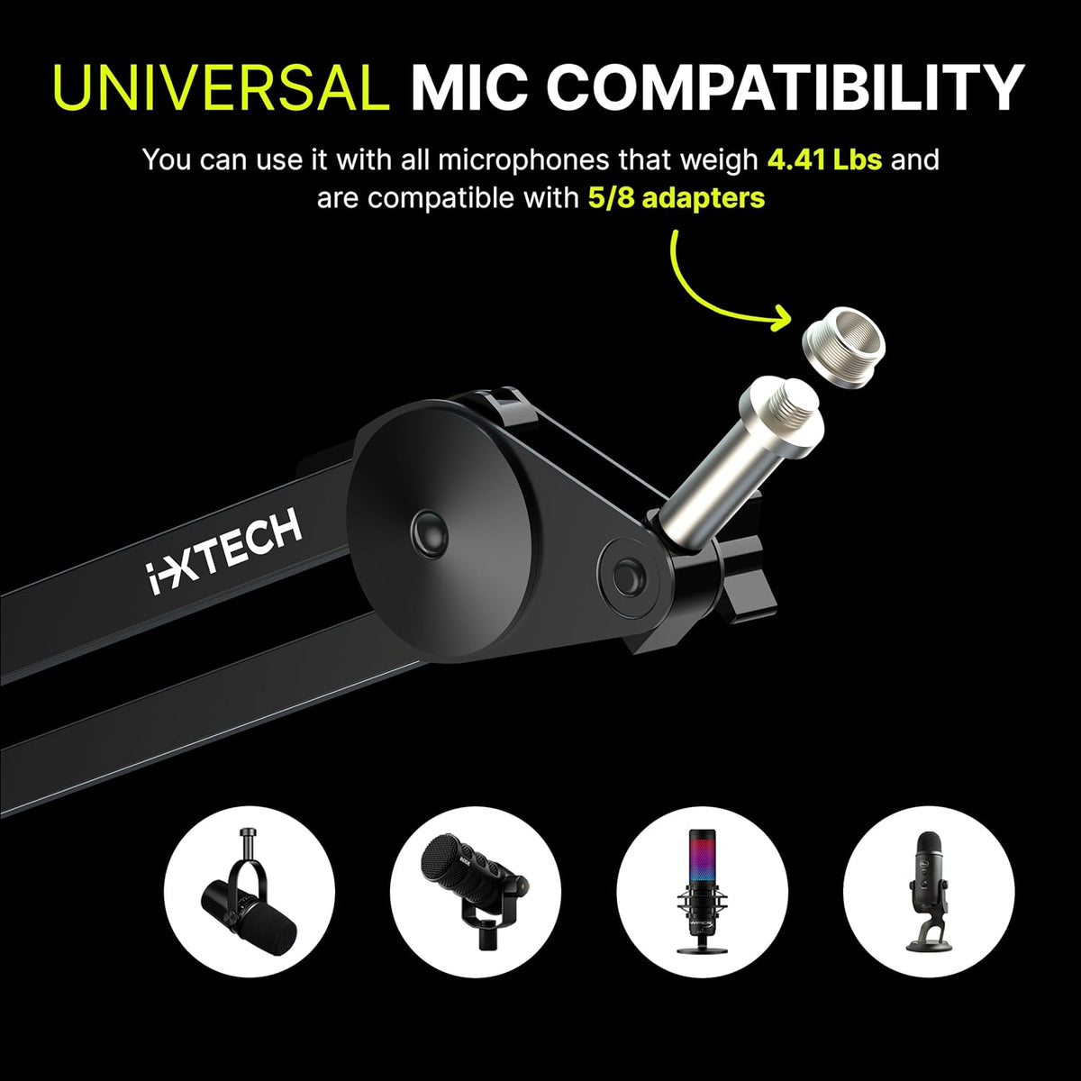 IXTECH Microphone Boom Arm Stand, Heavy Duty Adjustable Mic Stand with Cable Ties, Desk Mount Arm