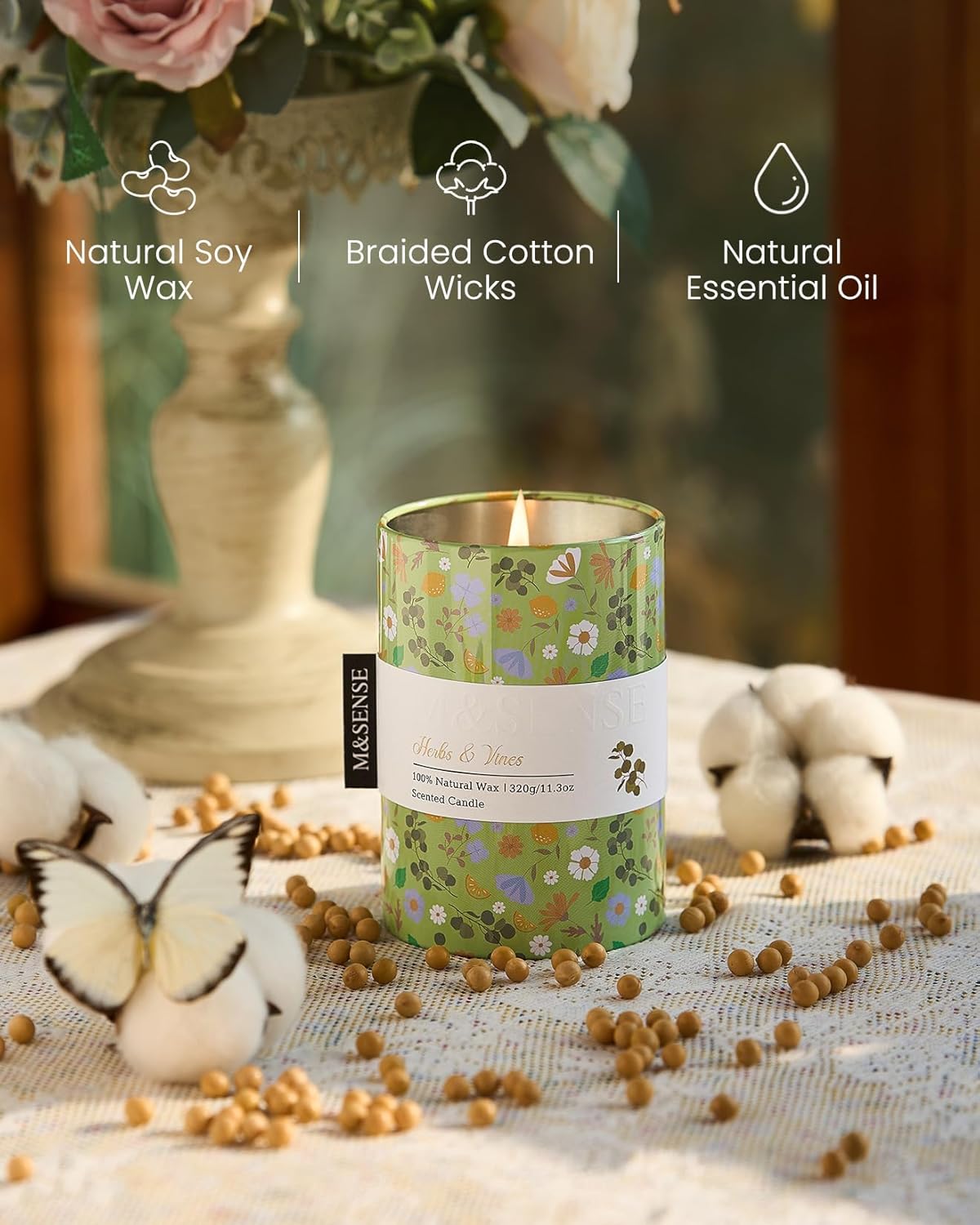 M&SENSE Herbs Vines Scented Candle, Medium Jar Candle 11.3oz Natural Soy Wax for Home Scented