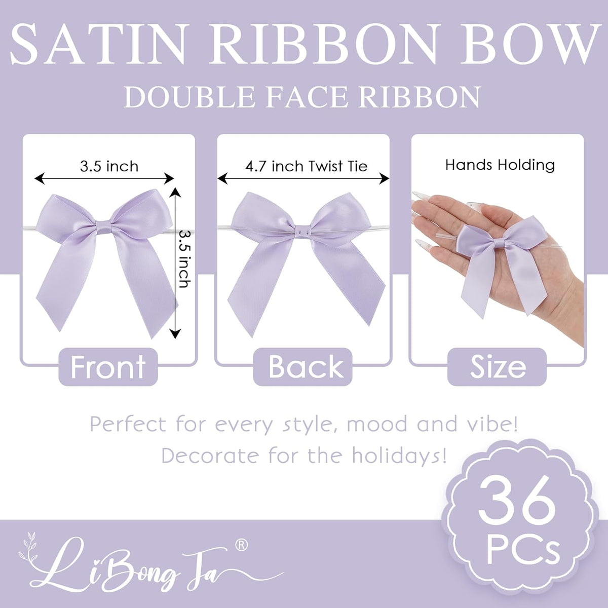 3.5" Lavender Bow Satin Pre-Tied Bows for Gift Wrapping, Small Bows for Crafts, Purple Bows, Candy