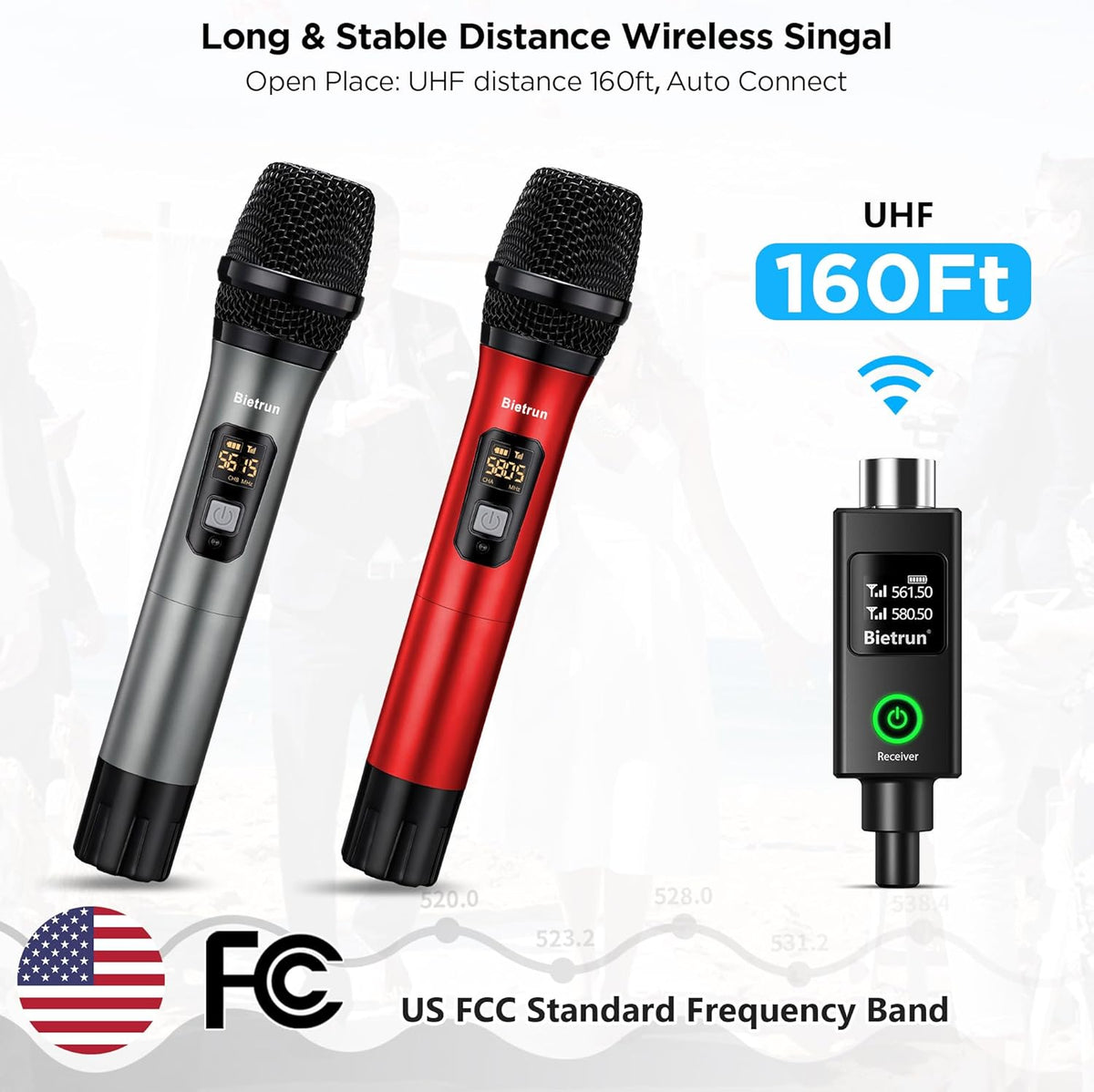Bietrun XLR Wireless Microphone, UHF Dual Handheld Dynamic Metal Mic Set with Rechargeable