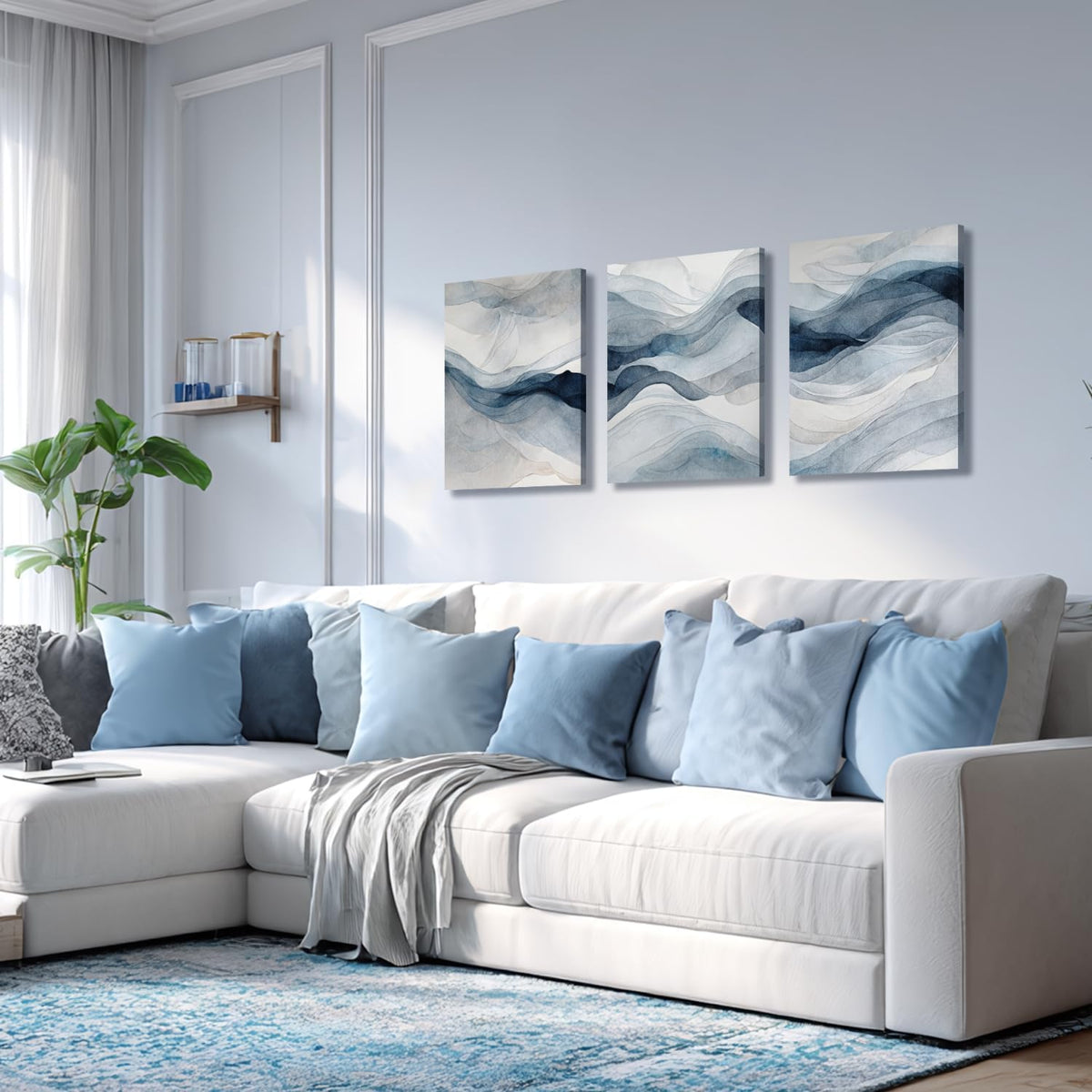 IAFWZX Framed Blue Gray Abstract Wall Art, Modern Minimalist Waves Wall Decor, Neutral Watercolor