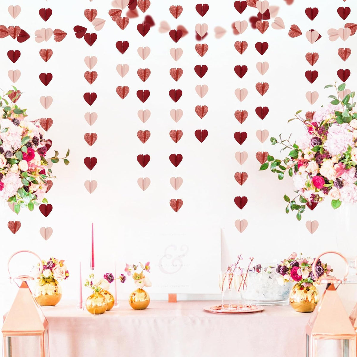 Rose-Gold Pink Burgundy-Red 3D-Heart Garland - 39Ft Party Decorations Hanging Paper Streamers