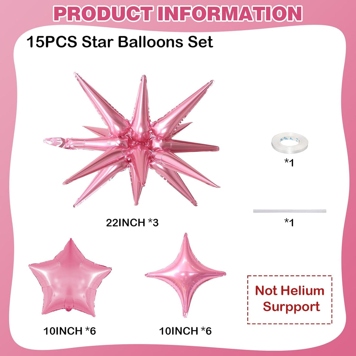 Pink Star Balloons, 22in Large Star Balloons Foil 10in 4-Pointed & Pink Pentagram Balloon for