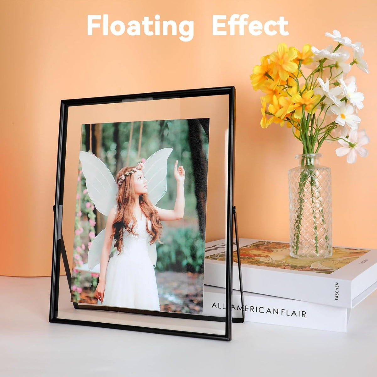 Black Floating Frame, 8"x10", Vertical, For Picture 7x9, 6x8, 5x7, Tabletop Shelf Photo Frame, For