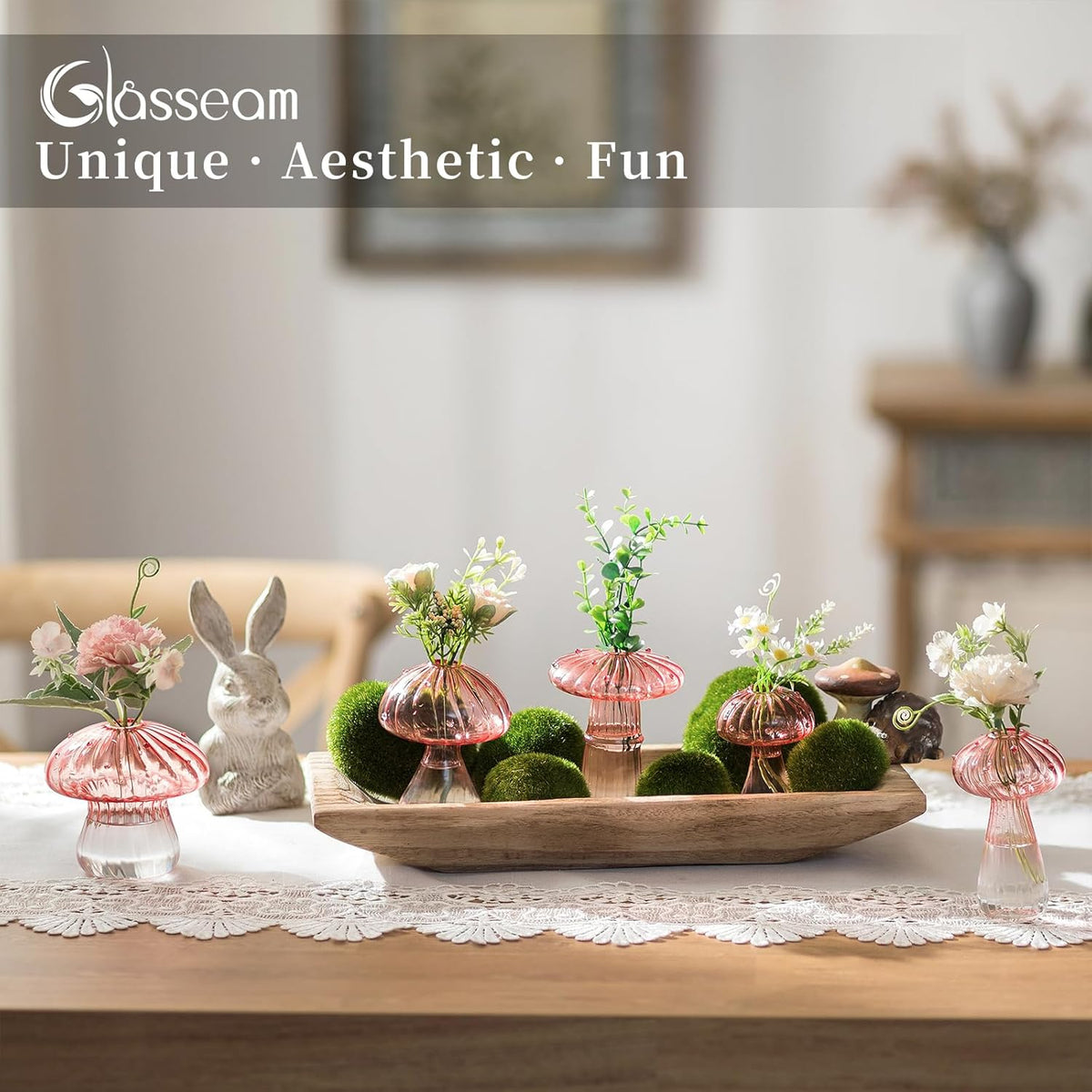 Glasseam Mushroom Plant Propagation Stations: Pink Glass Terrarium Jar Set of 5 Cute Planters for