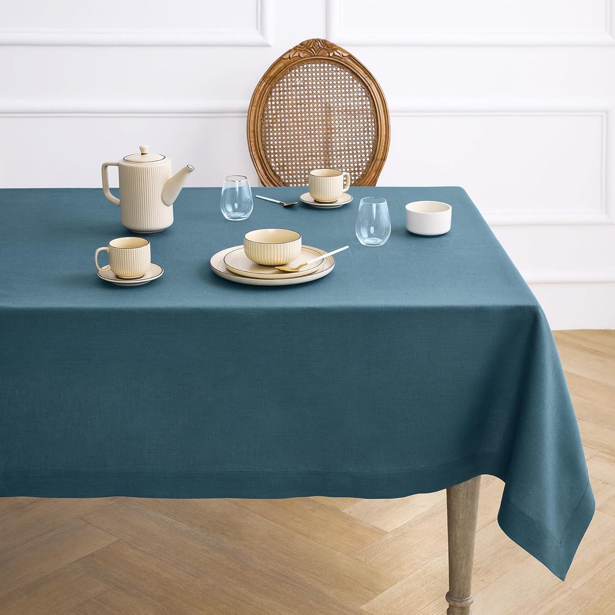 Solino Home Linen Square Tablecloth 52 x 52 Inch - 100% Pure Linen Peacock Blue Table Throw - Fete