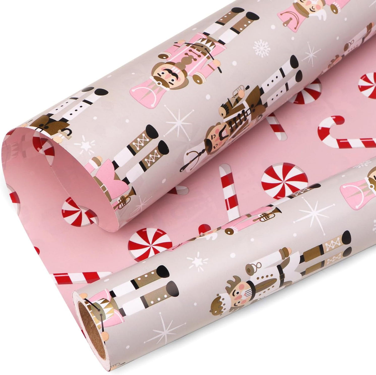 Ribbli Reversible Christmas Wrapping Paper Rolls, Nutcracker and Candy Cane Pink Gift Wrapping