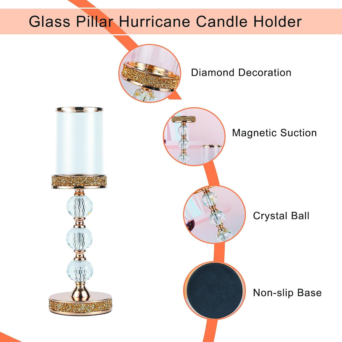 Hurricane Glass Candle Holders, Gold Pillar Candle Holders for Pillar Candle, Magnetic Glass Cover