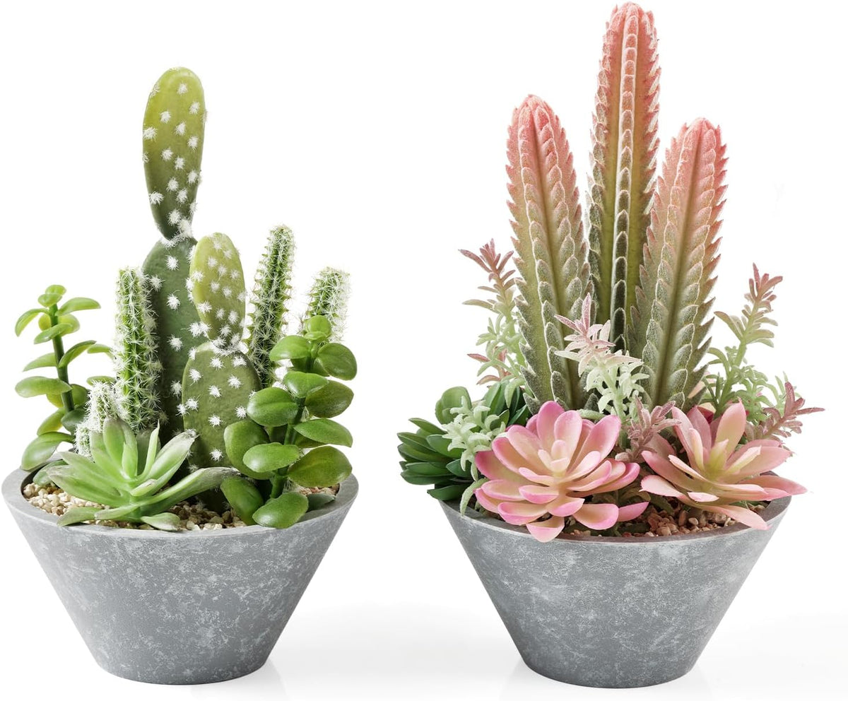 2-Pack Artificial Succulent Plants in Vintage Plastic Pots - Waterproof Fake Plants Decor for Home