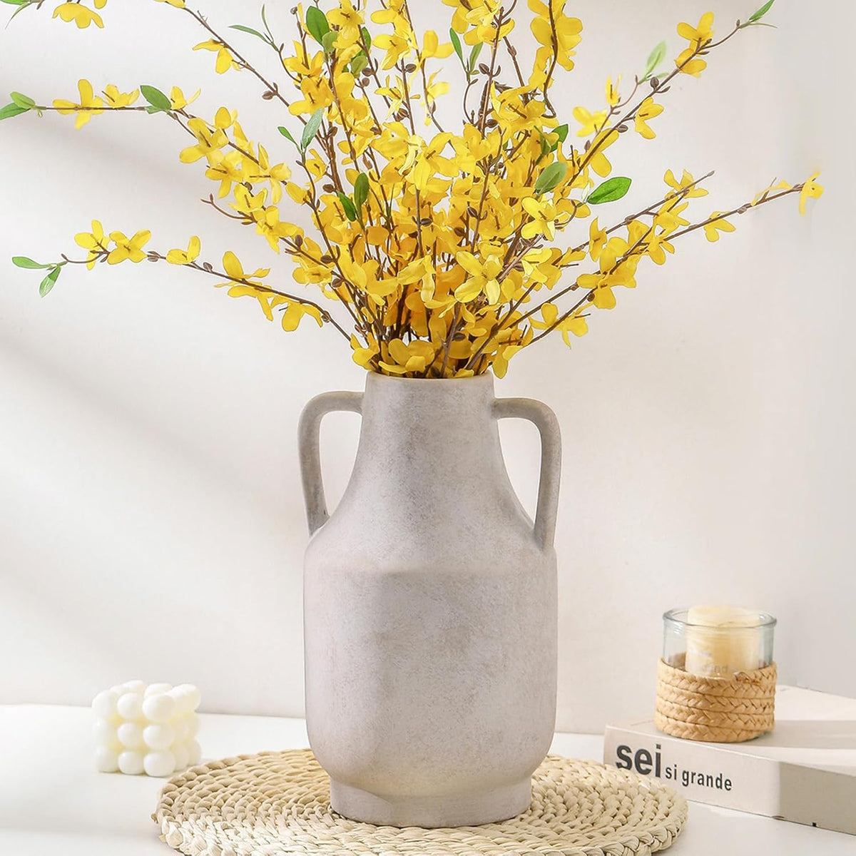 Mitt&Ditt Ceramic Flower Vase with Handles, 11 inch Tall Off-White Vase, Large Decorative