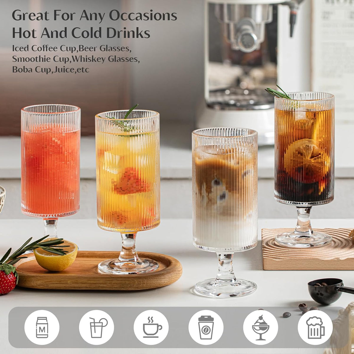 INSETLAN Set of 4 Ribbed Glass Goblets – 12oz Vertical Stripe Stemmed Glassware for Cocktails