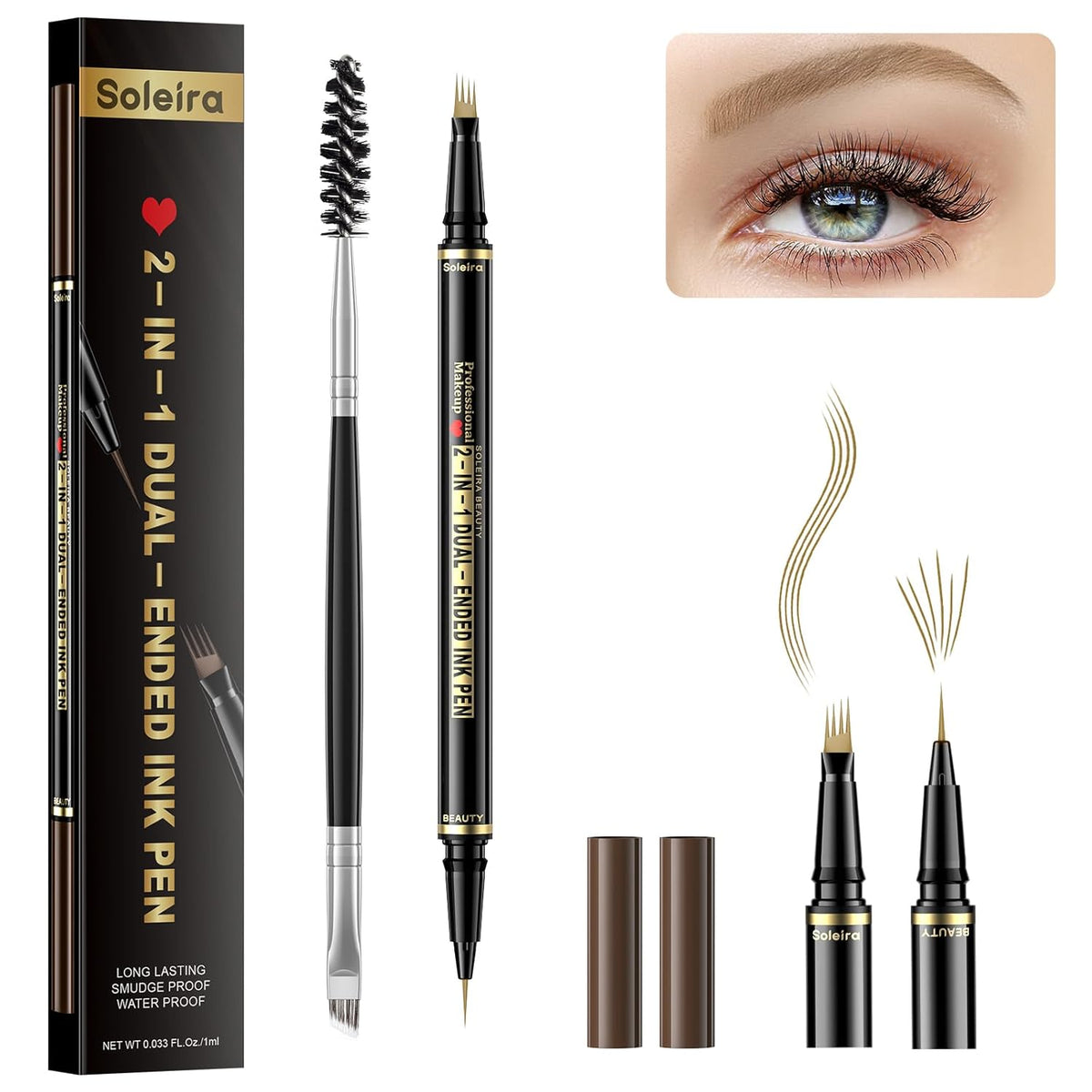 Waterproof Eyebrow Pencil with 4 Tip Microblading Pen and Dual-ended Brush, for Natural-Looking