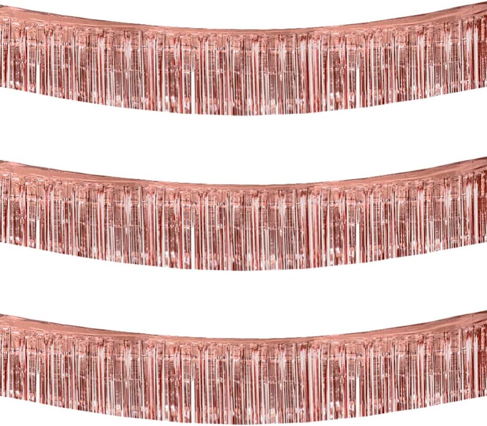 BEISHIDA 3 Packs 30 Feet Metallic Foil Fringe Garland Tinsel Streamers，Shiny Rose Gold Wall Hanging
