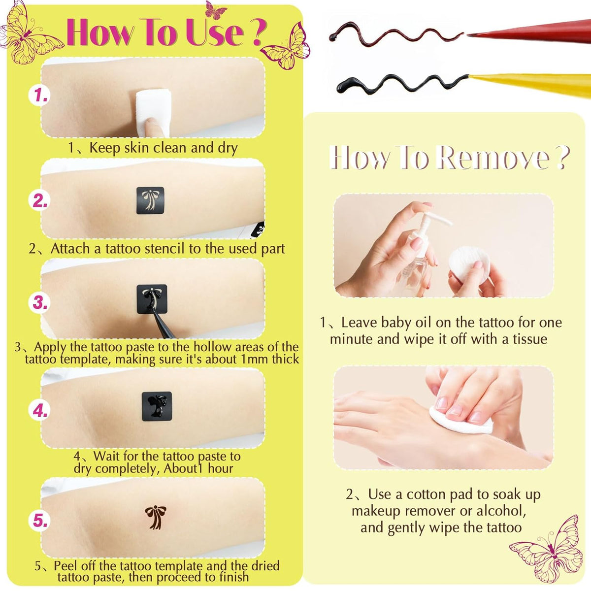 126 PCS Temporary Tattoos Stencils Kit,Temporary Tattoos Kit - 6 Pcs 2 Color(Brown Black) Ink with