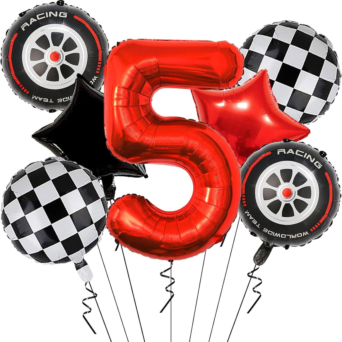 Race Car Birthday Party Decorations - 40 Inch Mylar Red Number 5 Balloons - Black Foil Checkered