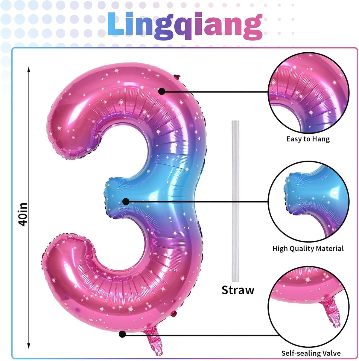 40 Inch Rainbow Large Numbers Balloons 3, Self Inflating Gradient Blue Pink Purple Digit 3 Helium