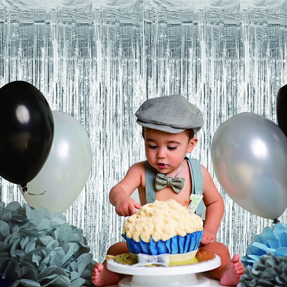 3Pcs Silver Metallic Tinsel Foil Fringe Curtains,3.2ft*8ft Silver Photo Booth Backdrop Streamer